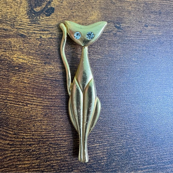 Gold Tone Slim Cat Brooch with Rhinestone Eyes - Picture 2 of 11